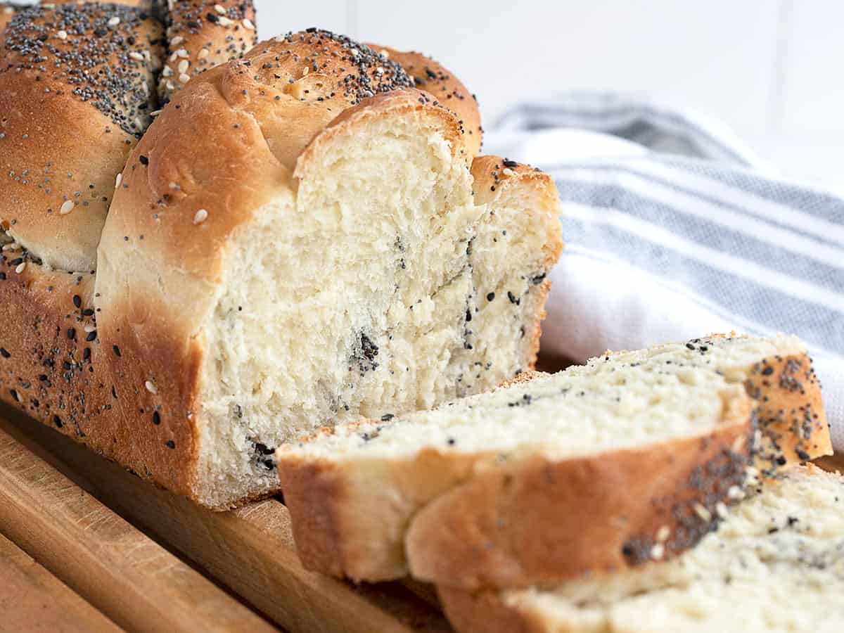 Everything Bread sliced on cooling rack