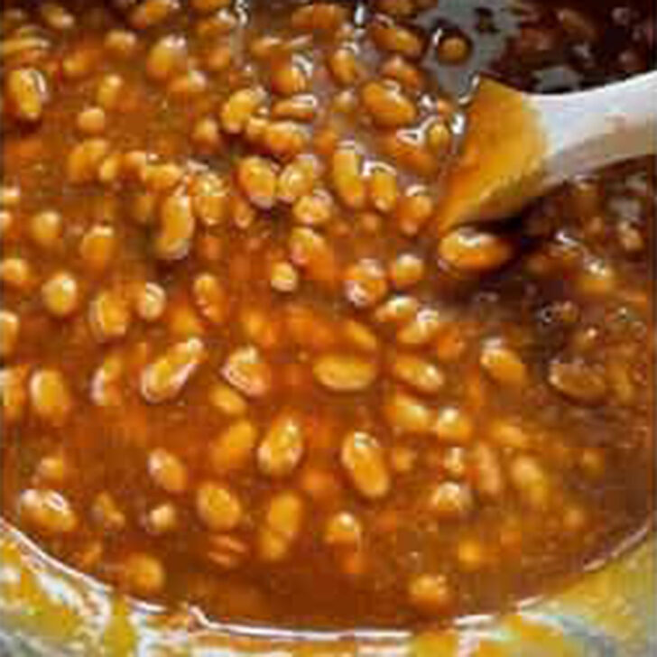 Stirring the pork and beans mixture together.