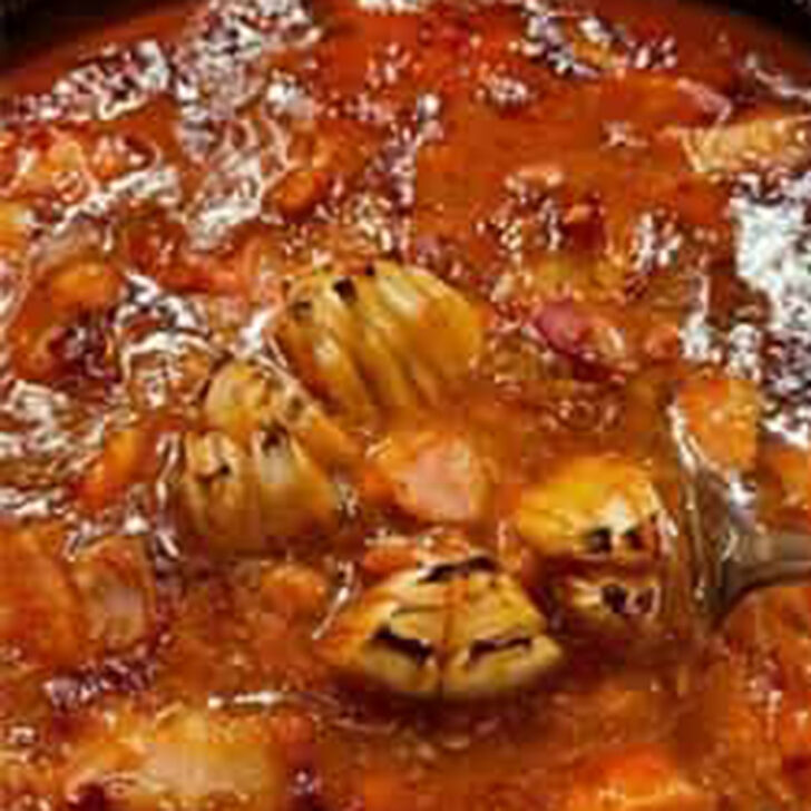 Peppy baked beans after partially baking.