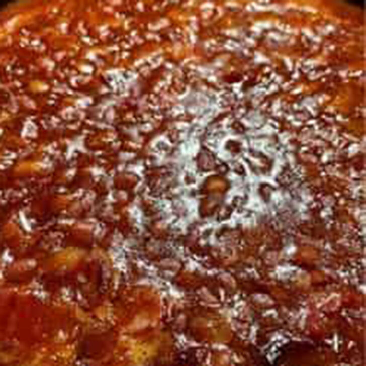 Finished Peppy baked beans in the casserole dish.