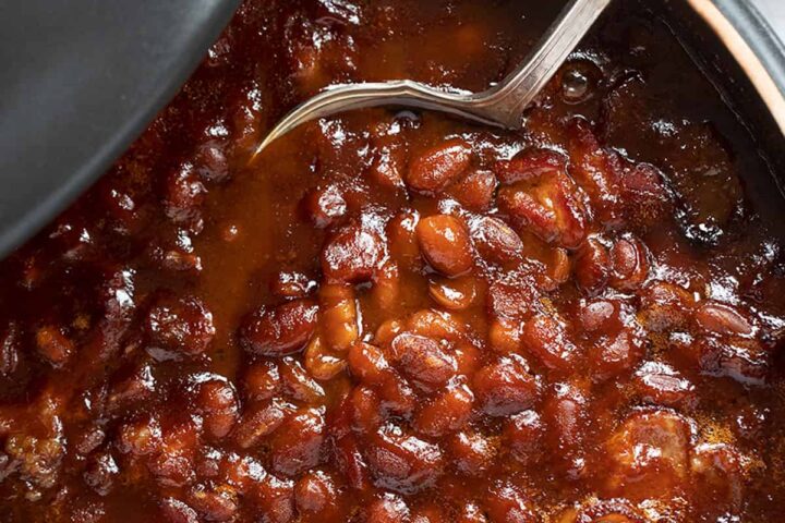 peppy baked beans in casserole dish