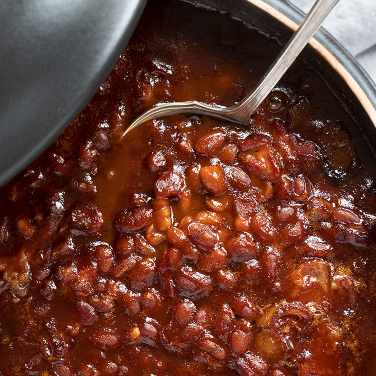 peppy baked beans in casserole dish