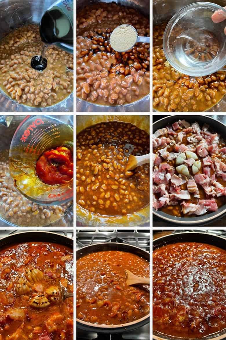 photo collage of steps to make Peppy Baked Beans