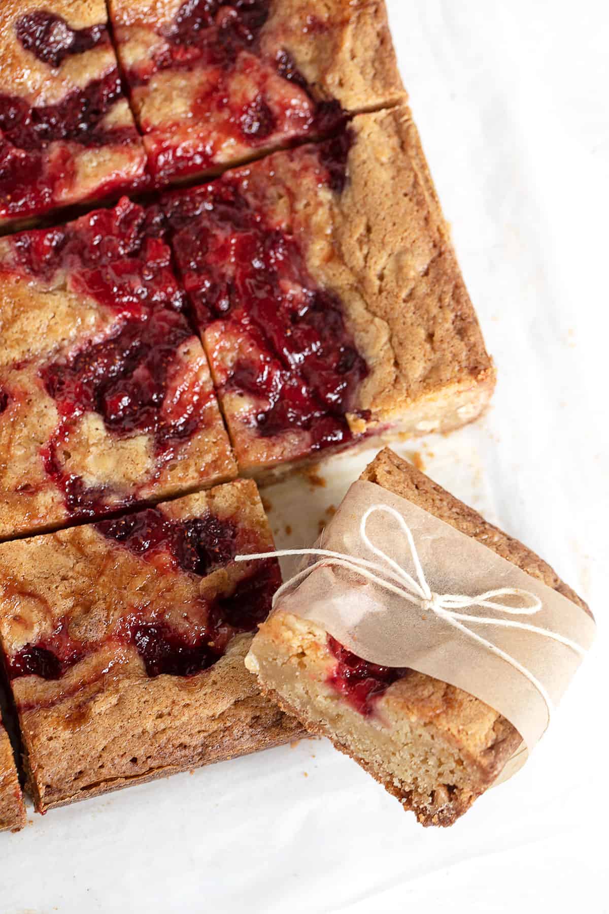 strawberry blondies cut and wrapped