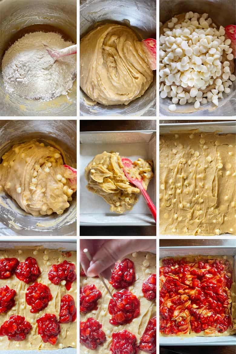 photo collage of steps to make strawberry blondies 3