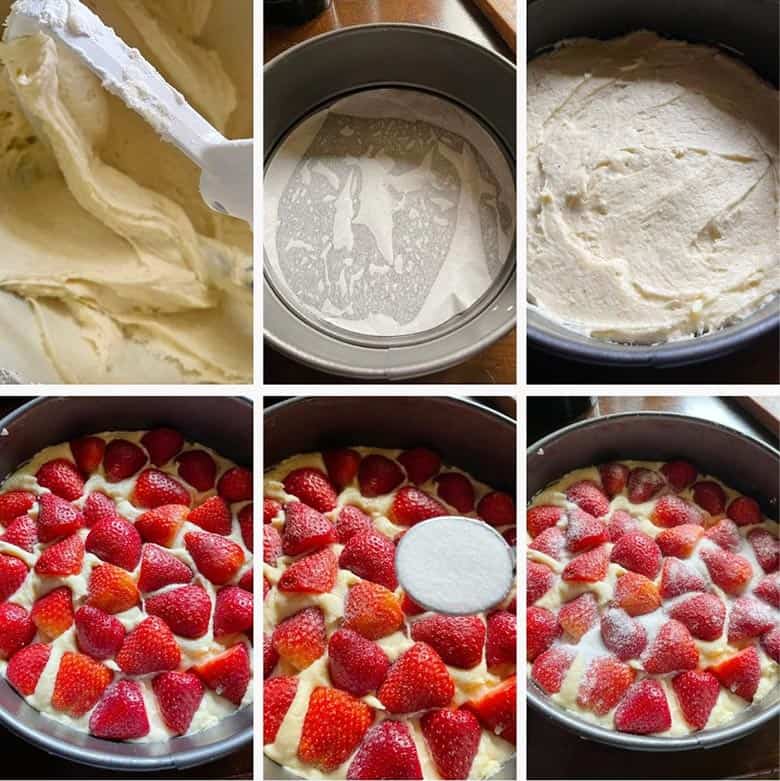 photo collage of steps to make strawberry yogurt cake 2