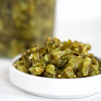 dill pickle relish in white bowl