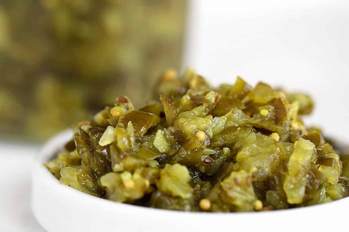 dill pickle relish in white bowl