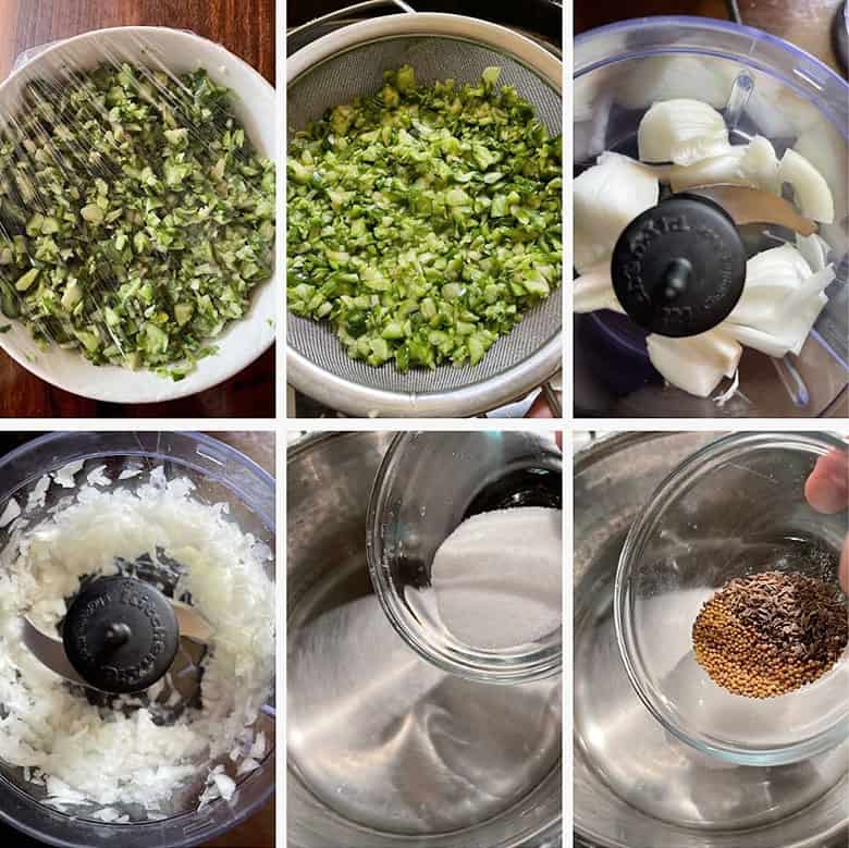 photo collage of steps to make dill pickle relish 2