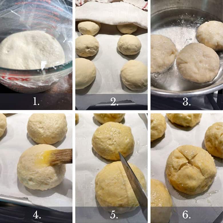 photo collage of steps to make soft pretzel buns