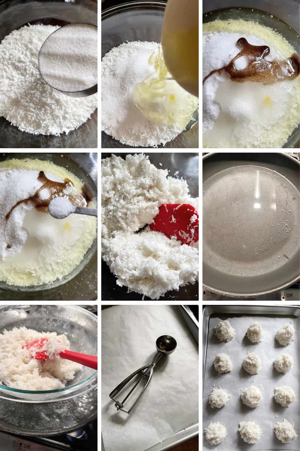 photo collage of steps to make coconut macaroons