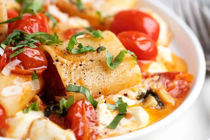 pasta alla sorrentina on plate with fork