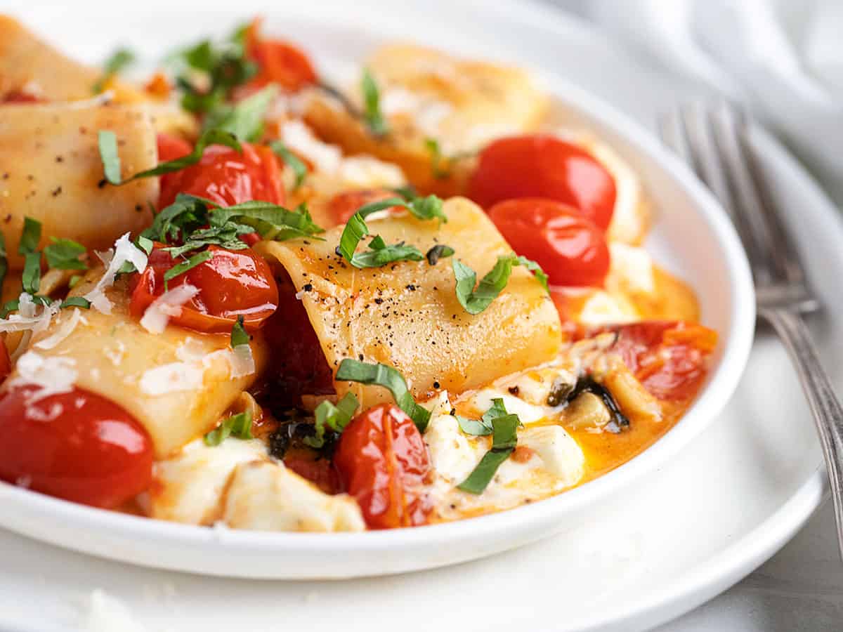 pasta alla sorrentina on plate with fork