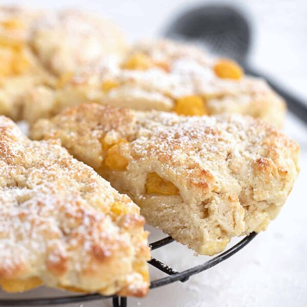 peaches and cream scones on cooling rack