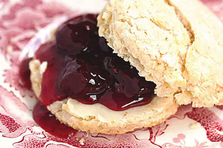 Strawberry balsamic black pepper jam on a scone.