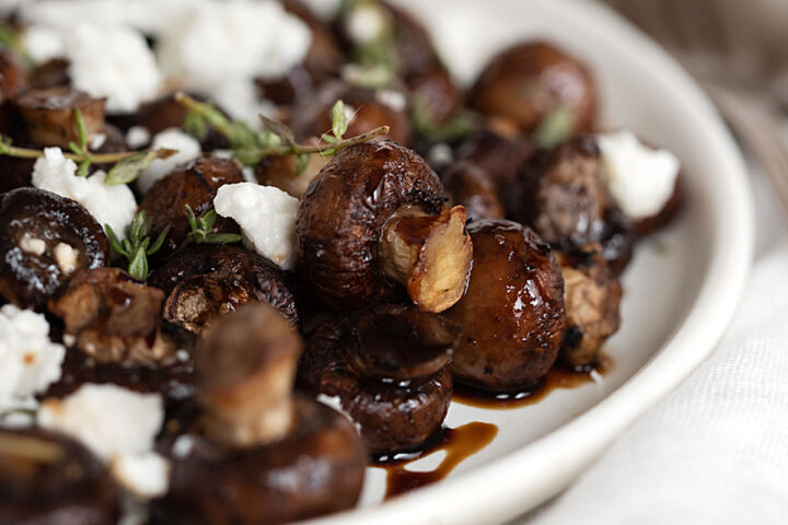 air fried mushrooms finished with balsamic glaze and goat cheese