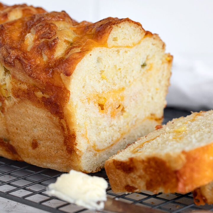 jalapeno corn cheese bread sliced on cooling rack
