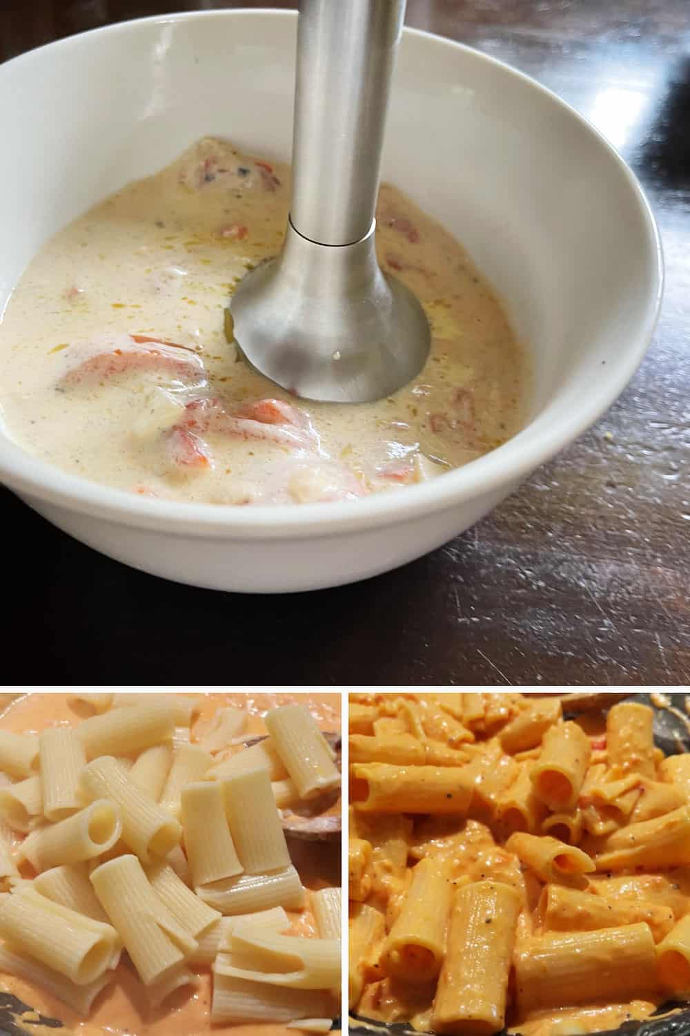 photo collage of steps to make creamy roasted red pepper pasta 2