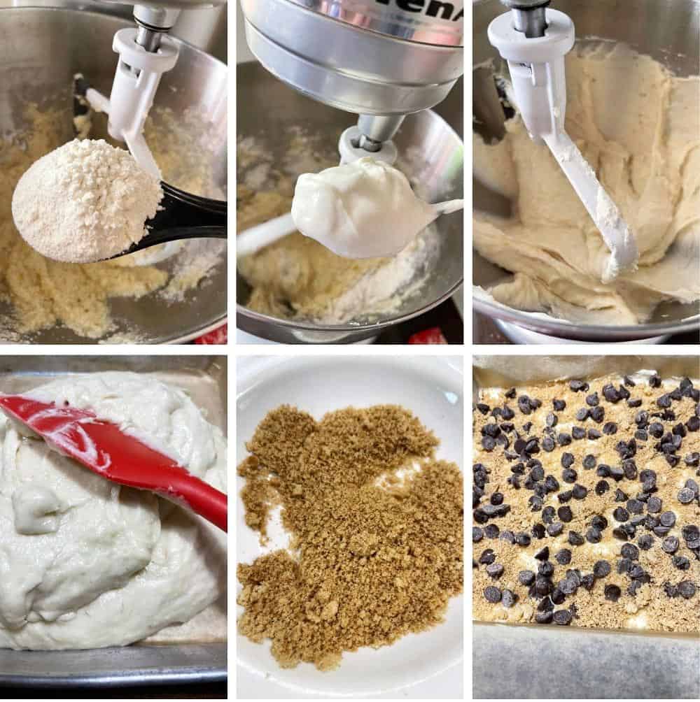 photo collage of steps to make banana chocolate snack cake 2