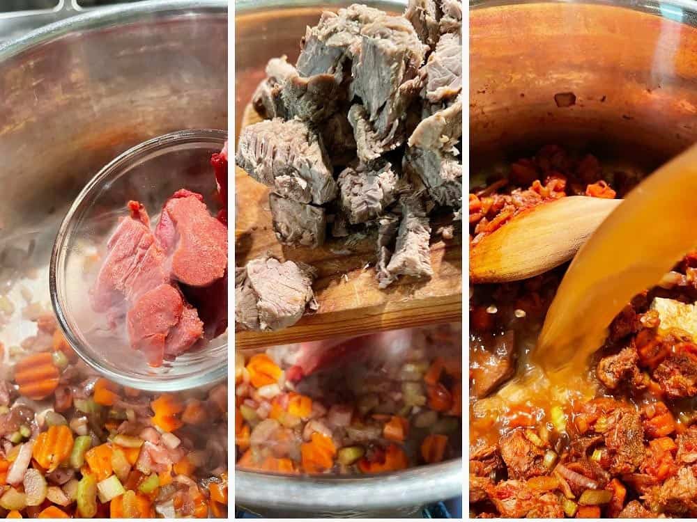 photo collage of steps to make beef and barley soup 3