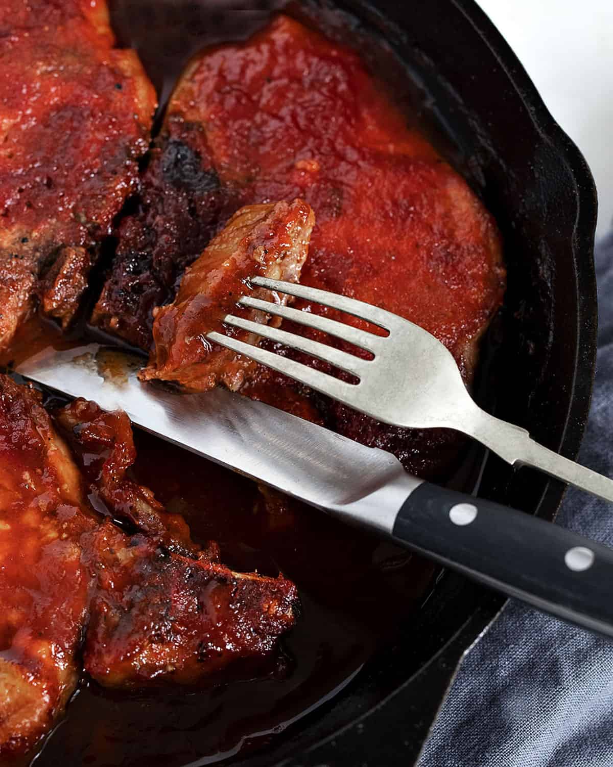 baked bbq pork chops in cast iron skillet