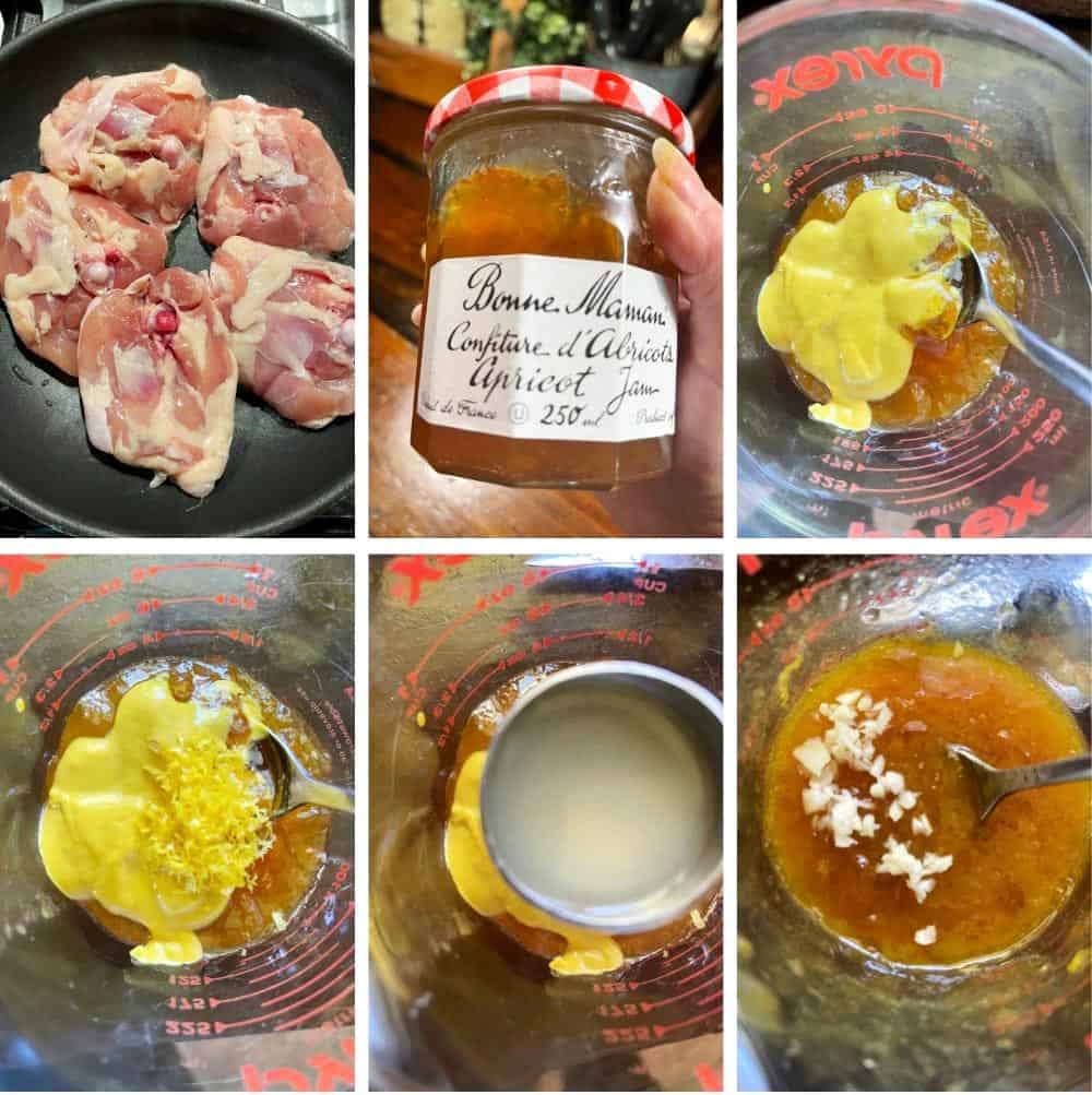 photo collage of steps to make lemon glazed chicken thighs 1