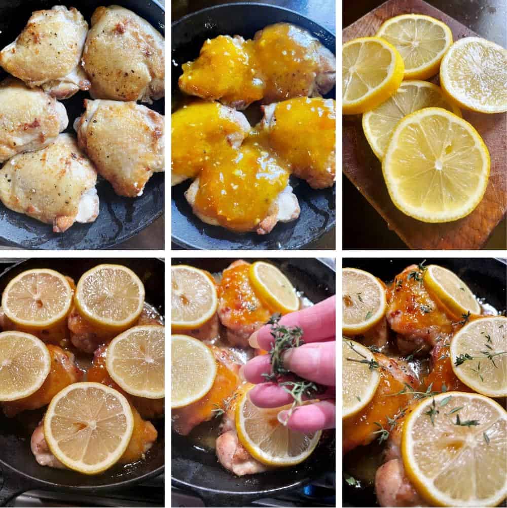 photo collage of steps to make lemon glazed chicken thighs 2