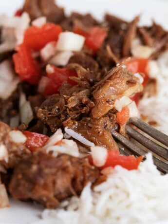 classic pork adobo on plate with rice and tomato onion topping