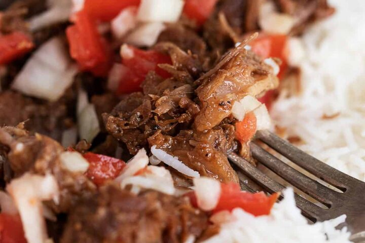 classic pork adobo on plate with rice and tomato onion topping