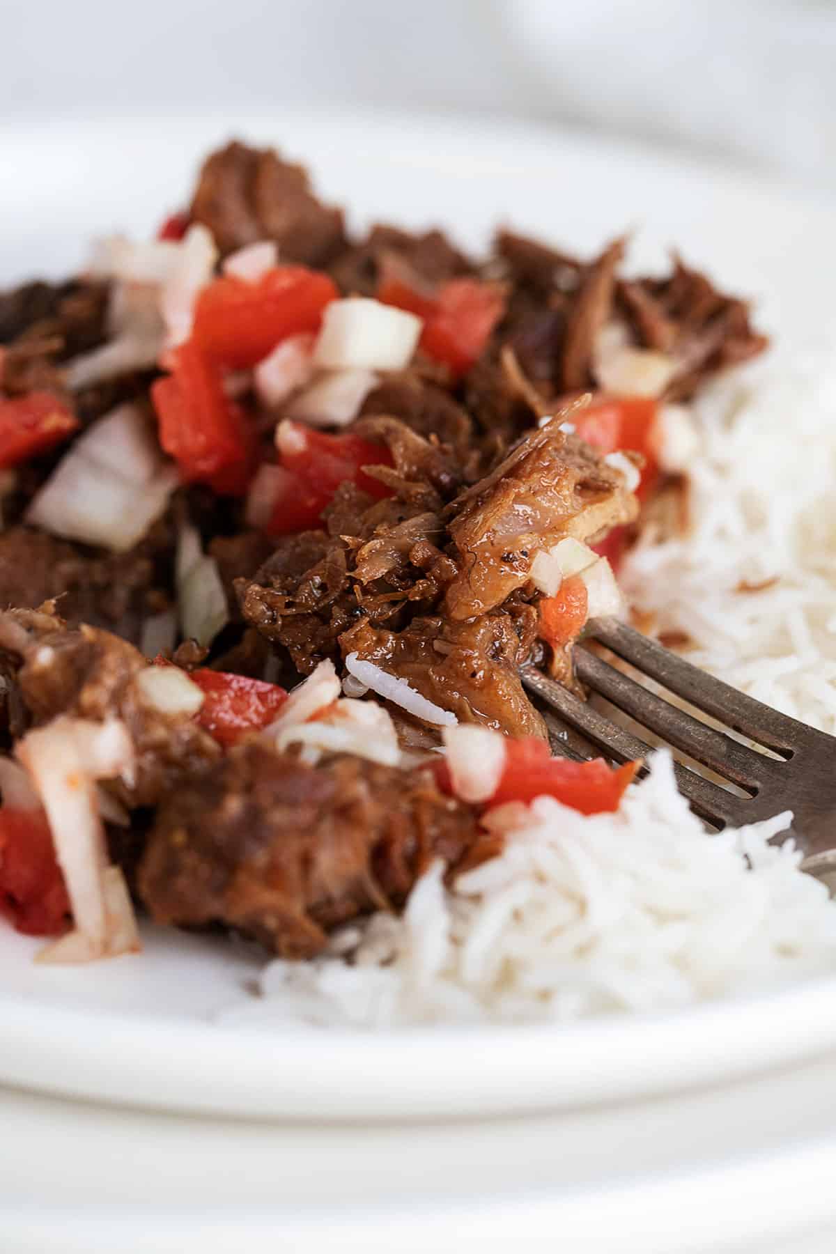 classic pork adobo on plate with rice and tomato onion topping