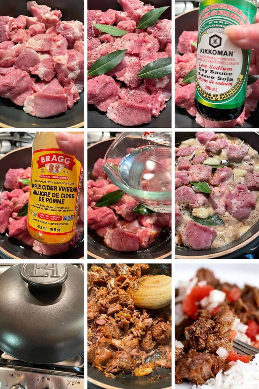 photo collage of steps to make pork adobo