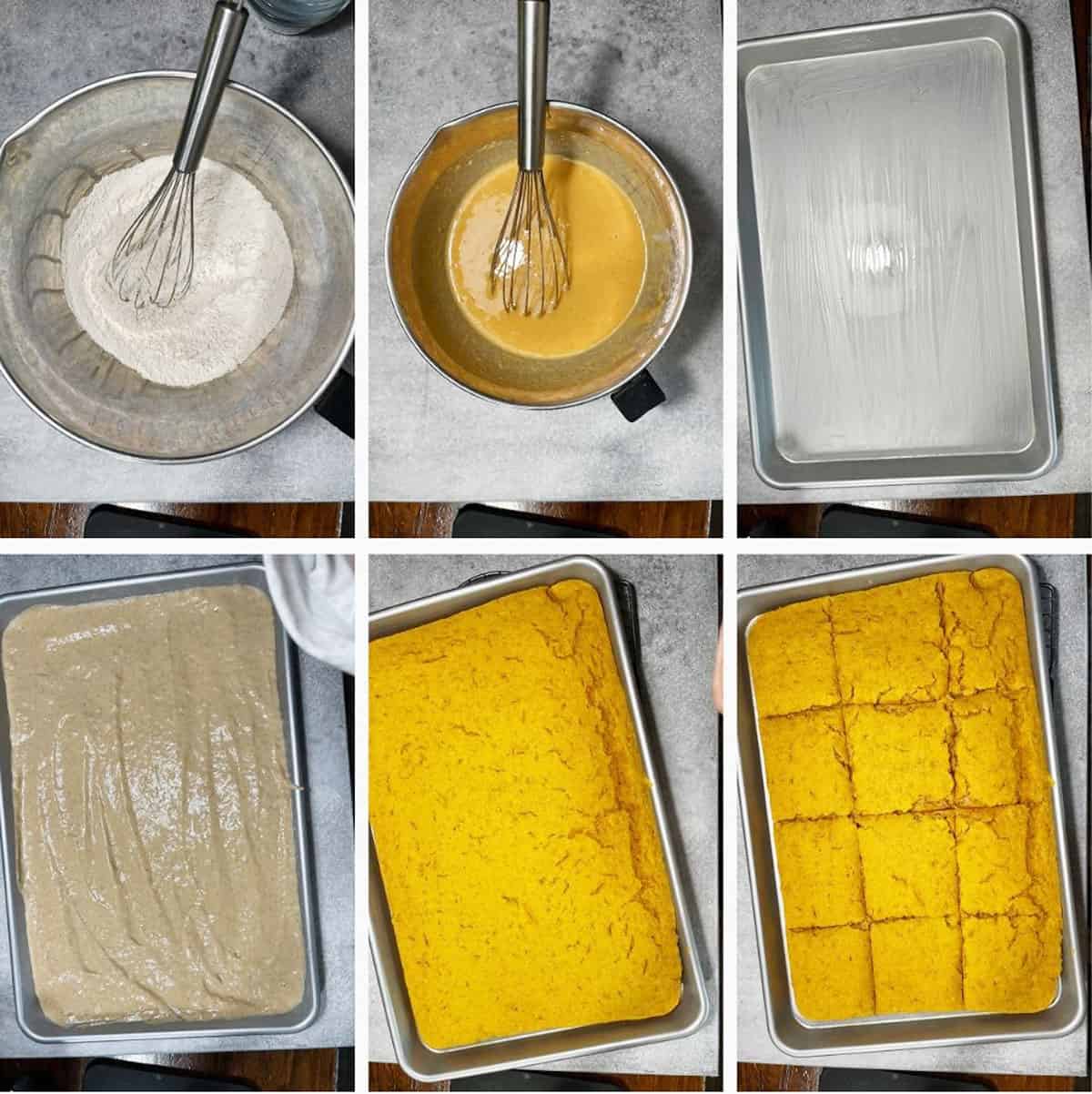 photo collage of steps to make pumpkin sheet pan pancakes