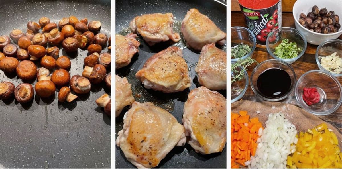 photo collage of steps to make chicken cacciatore 1