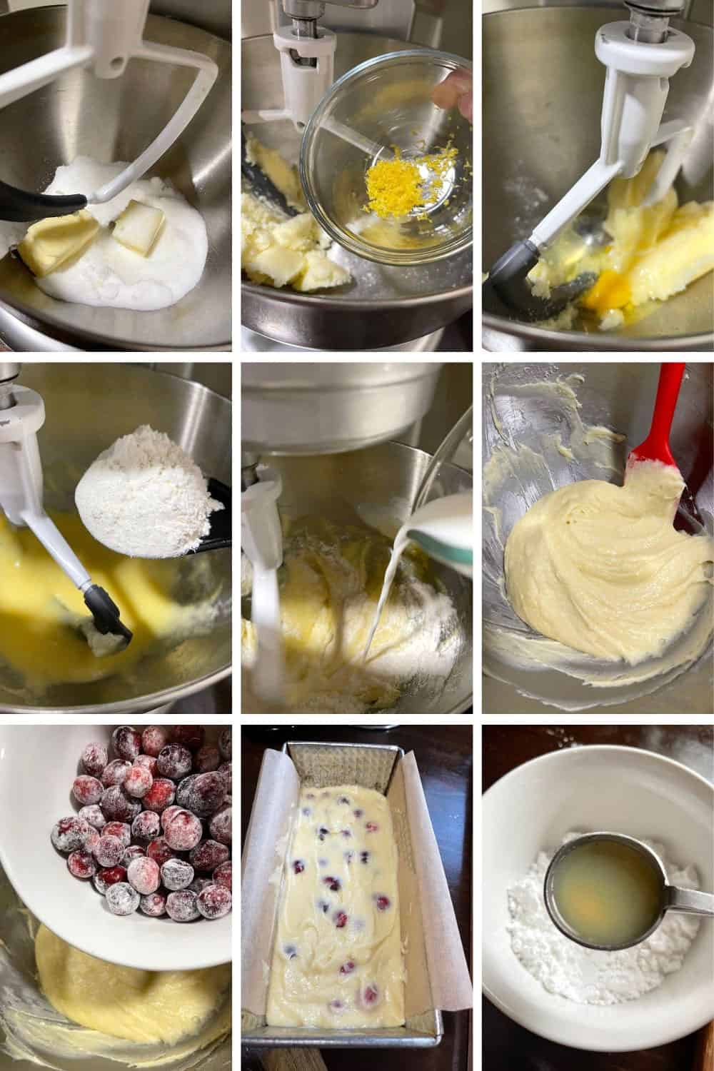 photo collage of steps to make cranberry lemon loaf