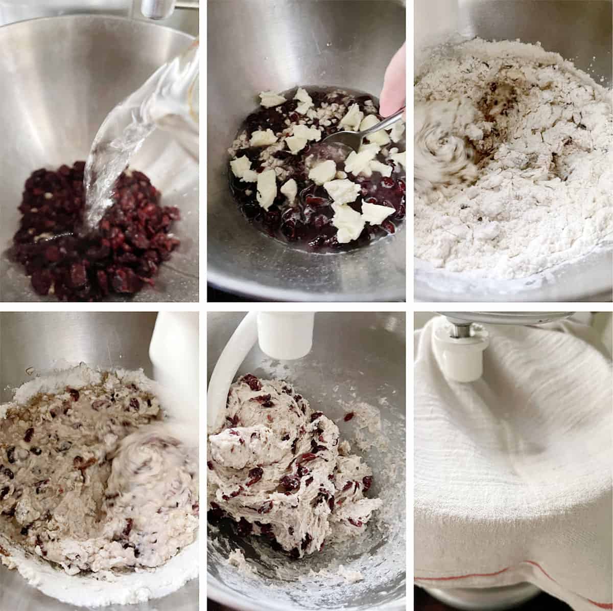 photo collage of steps to make cranberry oatmeal bread 1
