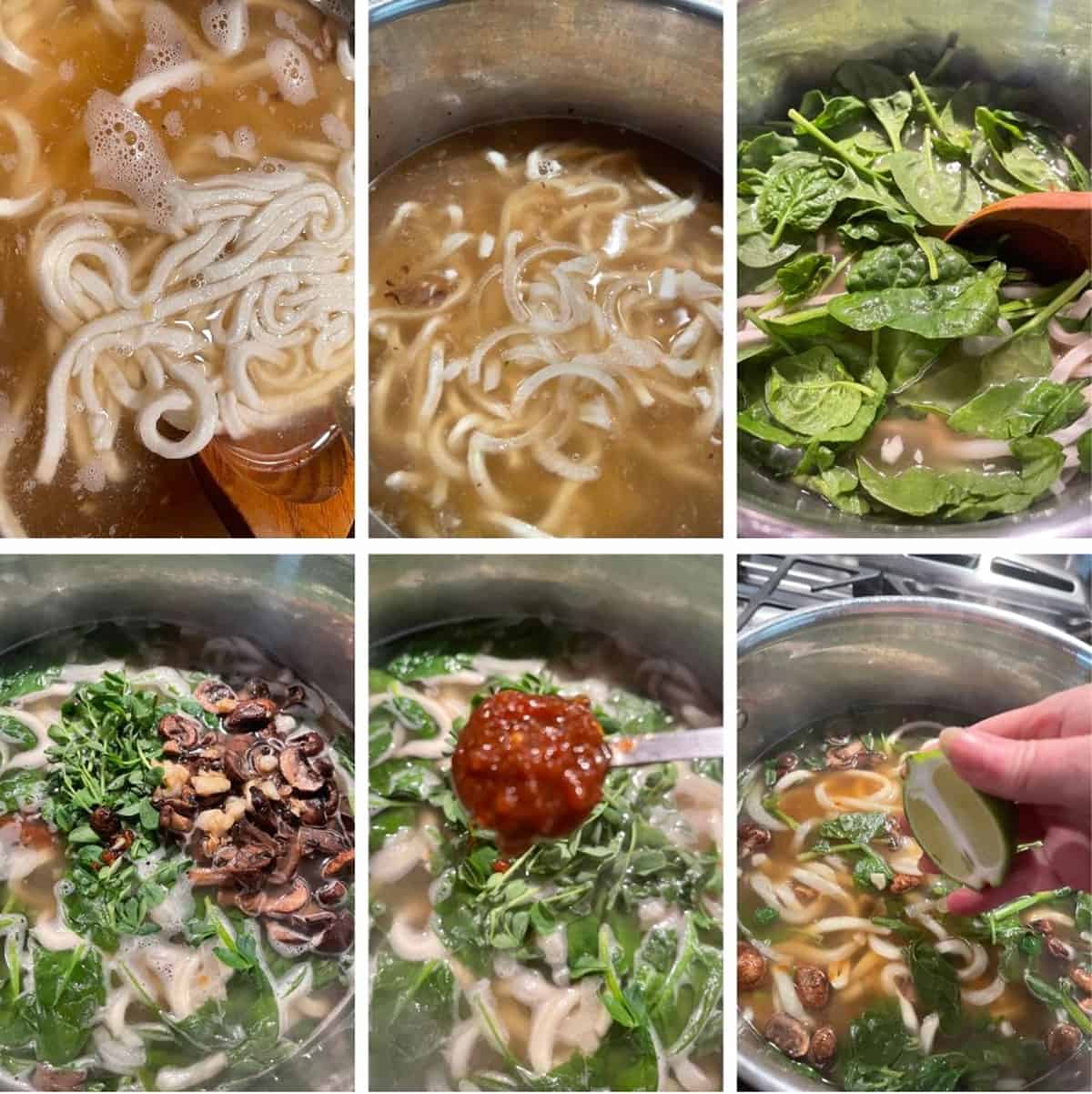 photo collage of steps to make easy udon noodle soup 2