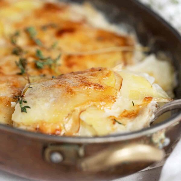 pear gruyere potato gratin in pan
