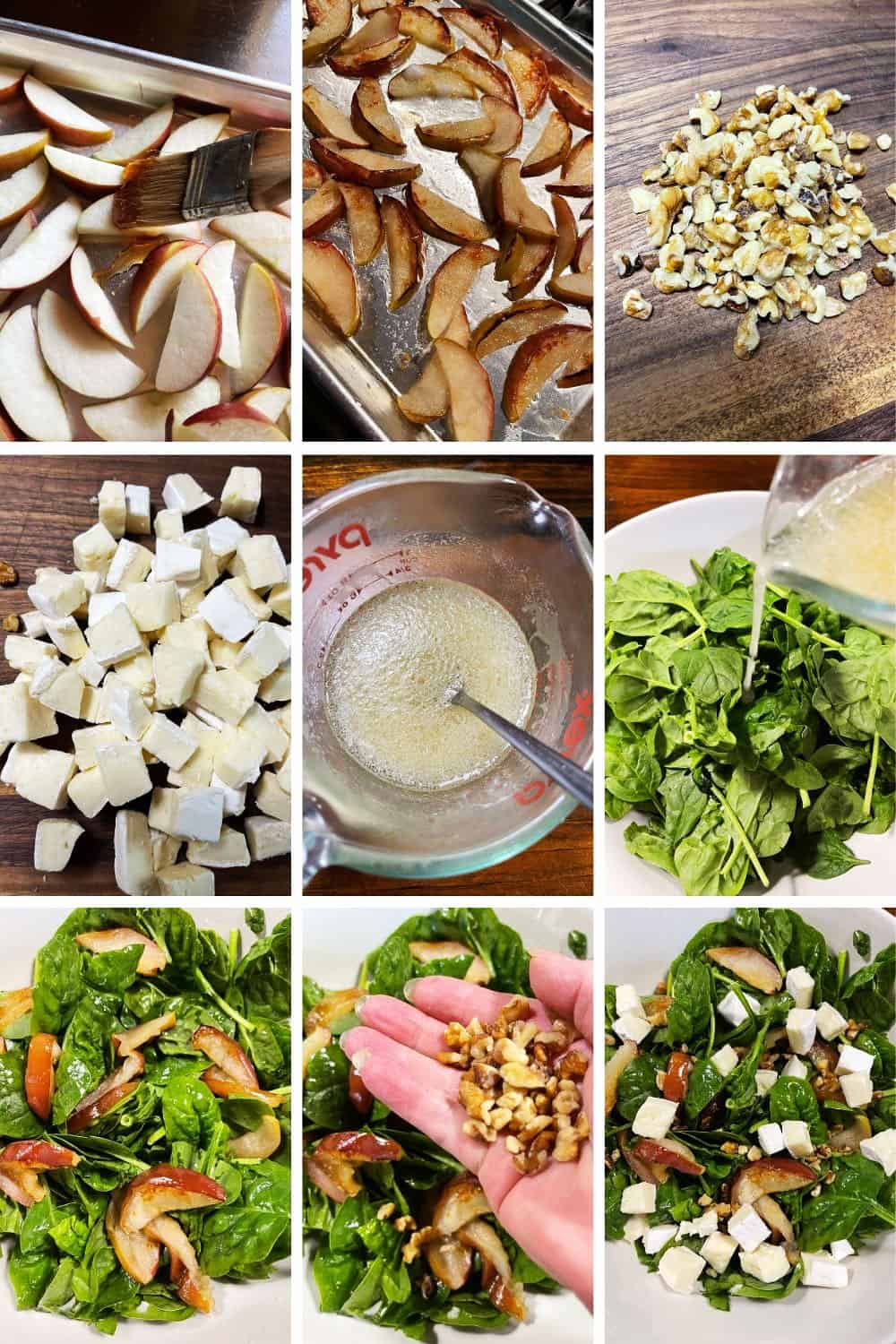 photo collage of steps to make warm spinach salad