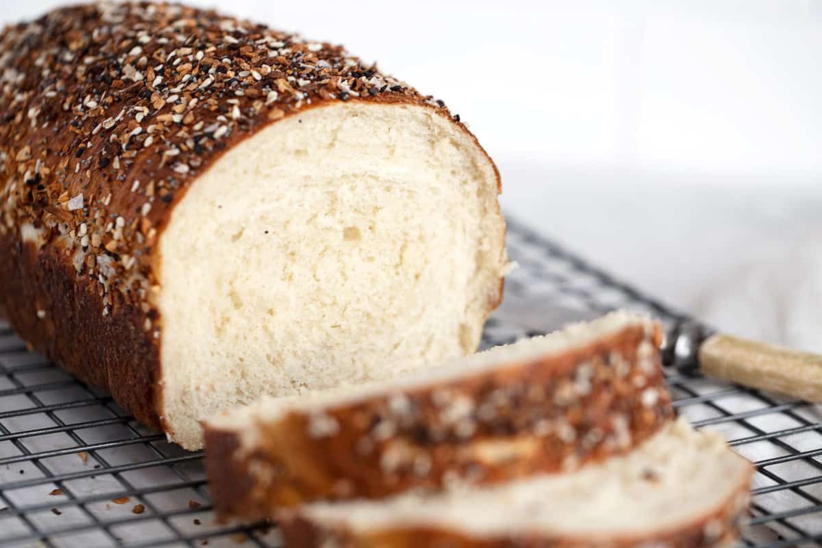 bagel bread sliced on cooling rack