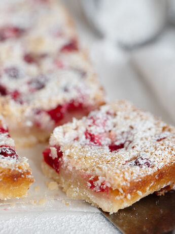 cranberry lemon squares with coconut sliced on parchment paper