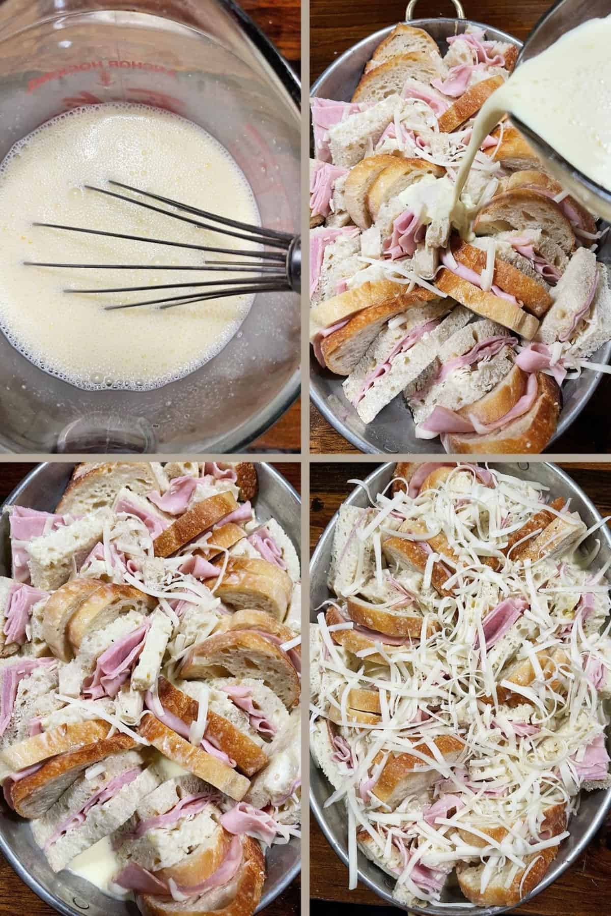 photo collage of steps to make ham and cheese bread pudding 3