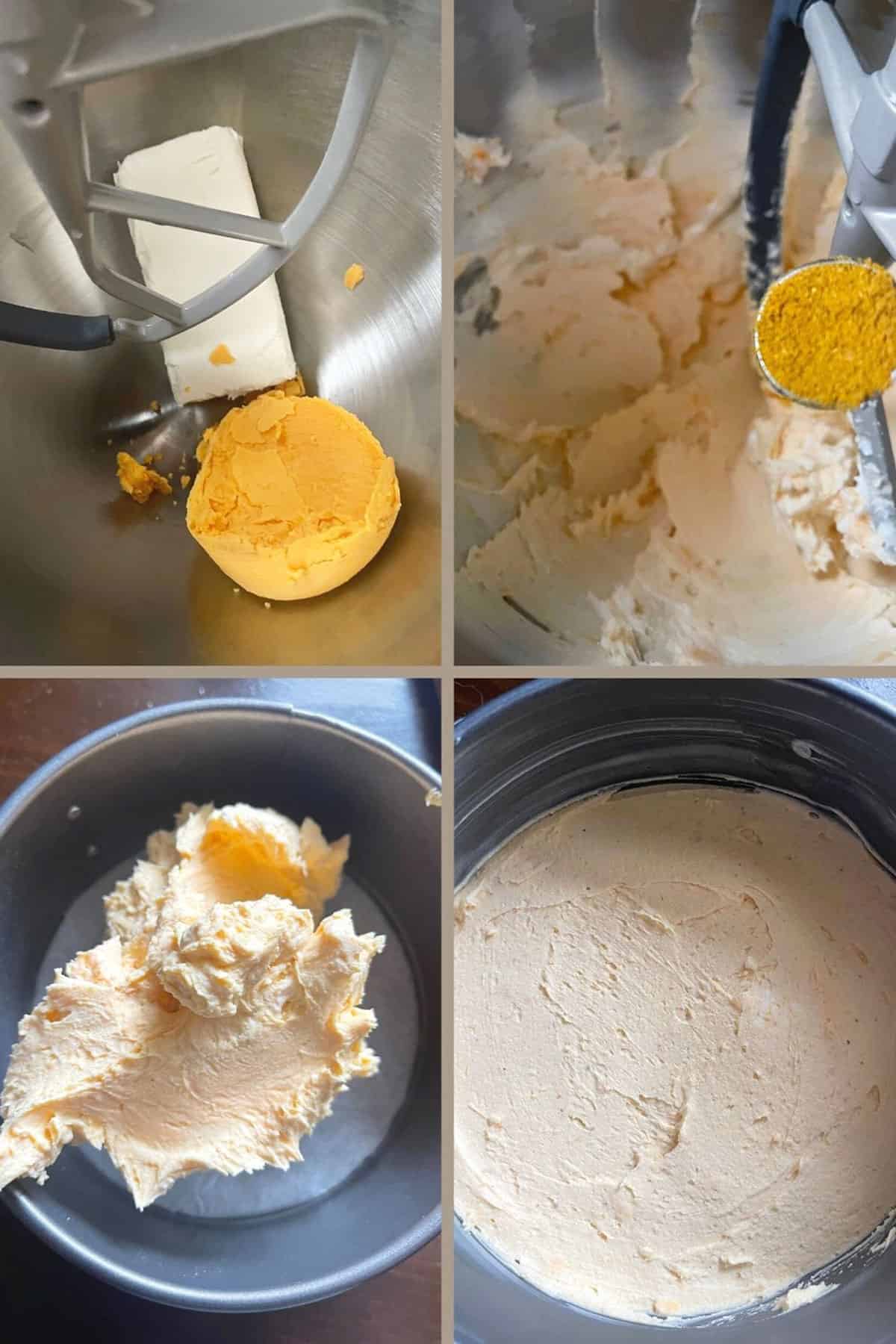 photo collage of steps to make mango curry cheese spread 1