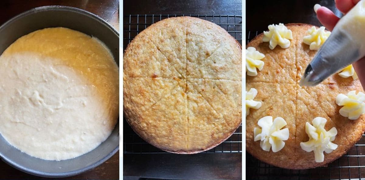 photo collage of making banana snack cake