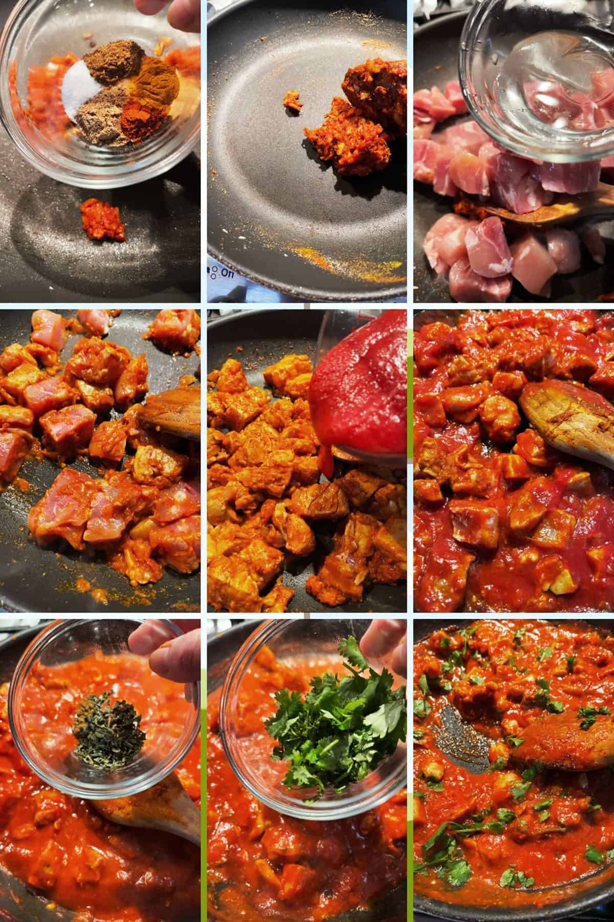photo collage of steps to make chicken madras 2