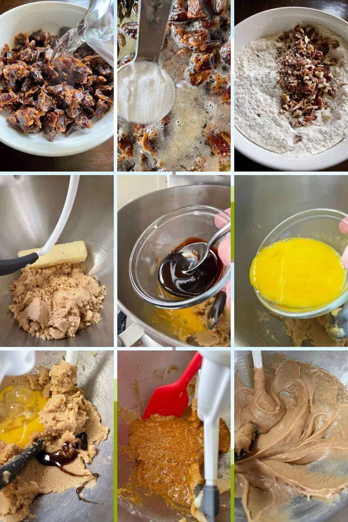 photo collage of steps to make date nut bread 1