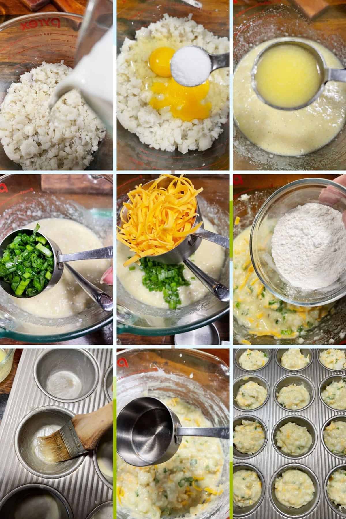 photo collage of steps to make mashed potato muffins