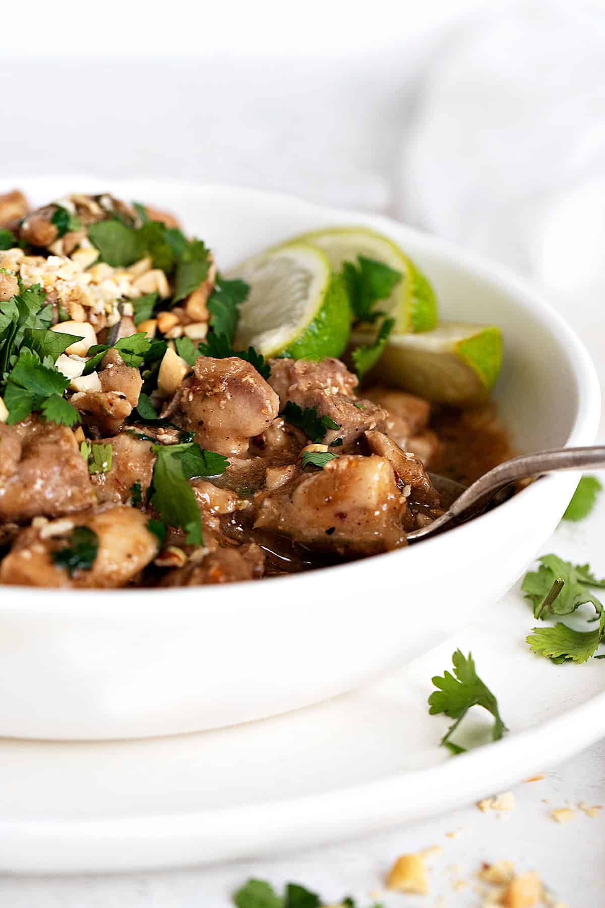 Thai peanut chicken in bowl with spoon