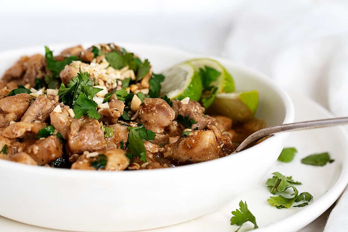 Thai peanut coconut chicken in bowl with spoon