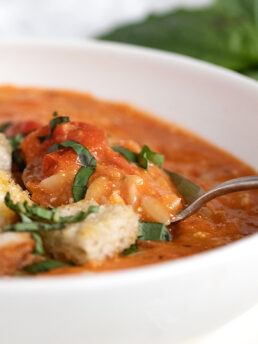 tomato feta orzo soup in bowl with spoon