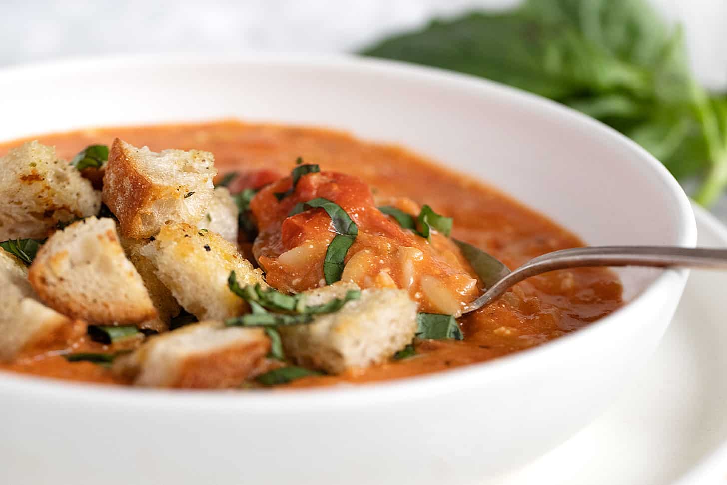 tomato feta orzo soup in bowl with spoon